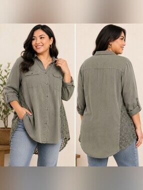 Indigo Thread Olive Lace-Back Button-Front Women's Shirt